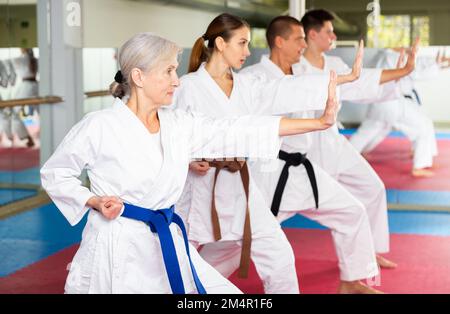 Femme âgée pratiquant des coups de poing pendant l'entraînement en groupe d'arts martiaux Banque D'Images