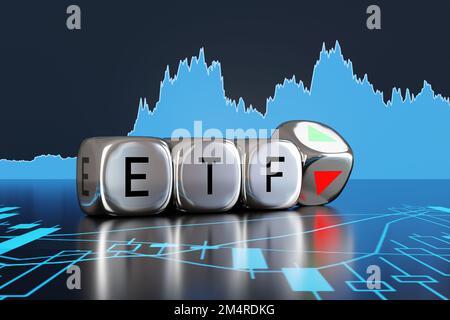 Dés métalliques argentés montrant l'ETF alphabets et une flèche vers le haut et vers le bas sur les fonds des graphiques. Investissement de fonds négociés en bourse Banque D'Images