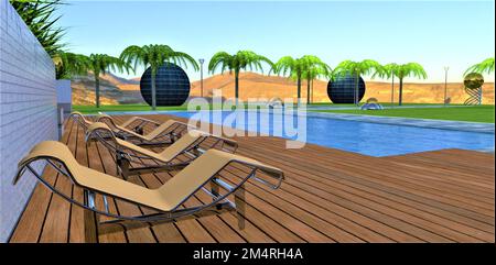 Vue incroyable sur les montagnes depuis la terrasse avec une piscine superbe et quelques chaises longues en acier près du mur en briques blanches. 3d rendu. Banque D'Images
