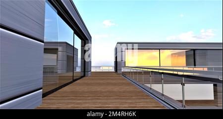 Abstraction architecturale. Terrasse extérieure clôturée avec parquet. Reflet d'un merveilleux coucher de soleil dans de grandes fenêtres panoramiques. 3d rendu. Banque D'Images