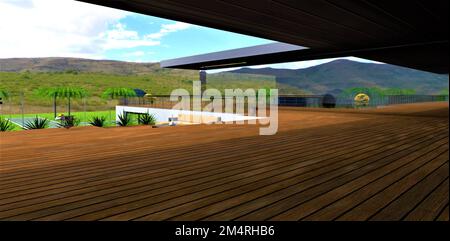 Un parquet en bois plat sur une grande terrasse d'une maison de campagne chic donnant sur de jeunes palmiers contre un paysage de montagne. 3d rendu.