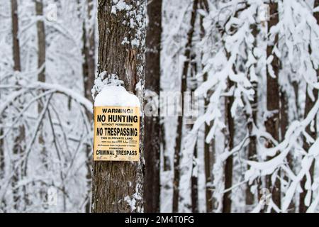Pas de chasse, pas de panneau d'intrusion sur un arbre neigeux dans le Wisconsin Banque D'Images