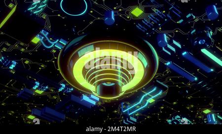 Graphiques des fils du calculateur. Mouvement. Animation lumineuse montrant clairement les fils connectés à l'ordinateur et leur fonctionnement. 4K images de haute qualité Banque D'Images