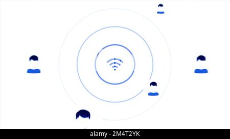 Arrière-plan blanc. Motion.le concept de distribution d'Internet avec une icône Wi-Fi rouge et bleue et les utilisateurs connectés sont visibles dans l'animation. Bonjour Banque D'Images