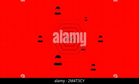 Norme technologique de cinquième génération pour les réseaux cellulaires à large bande. Mouvement. 5G diffusion du signal et des icônes de personnes sur fond rouge Banque D'Images