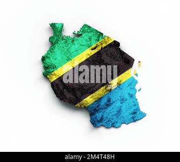 Une illustration de 3D de la carte de Tanzanie drapeau relief ombré couleur carte de hauteur sur fond blanc Banque D'Images