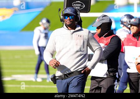 Colorado School of Mines l'entraîneur-chef des Oremdiggers Brandon Moore pendant le match de football national de la division II de la NCAA, à McKinney ISD Banque D'Images