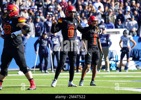 Le quarterback des Bulldogs de l'État de Ferris Mylik Mitchell (0) se penche sur la touche pendant le quatrième trimestre de la cochampionne nationale de la Division II de la NCAA Banque D'Images