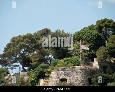 Le drapeau de l'Indonésie sur l'architecture ancienne entourée de verdure sous le ciel bleu Banque D'Images