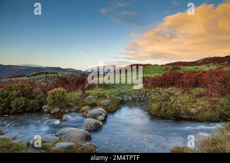 Ruisseau à travers une chaussée sur Black Fell près d'Ambleside. Banque D'Images