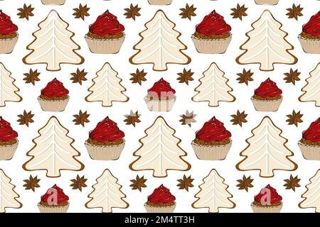 Motif Seamles avec tasses à café, épices et biscuits. Collection de Noël, illustration du dessin à la main Banque D'Images