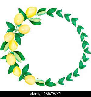 Couronne de citron peinte à la main aquarelle. Citrons cadre de fruits. Bouquet floral de mariage. Clipart de citron. Illustration de la couronne de verdure. Citrus jaune. Banque D'Images