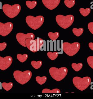 Motif coeurs sans coutures. 3D coeurs brillants texturés dessinés à la main sur fond noir. Imprimé Saint-Valentin. Illustration matricielle pour le tissu, l'emballage Banque D'Images