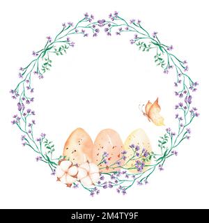 Set de Pâques aquarelle Clipart. Fleurs printanières, coton, papillon et oeufs dispositions de couronne moderne carte numérique de Pâques, décor de vacances de Pâques. Wildf Banque D'Images
