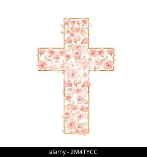 Aquarelle Croix de Pâques Clipart, Spring Coral arrangements floraux, Baptême croix invitation à faire soi-même, verdure Clipart de Pâques, Saint-Esprit. CADRE DORÉ Banque D'Images