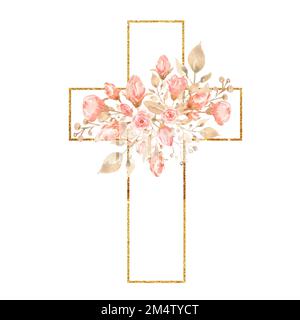 Aquarelle Croix de Pâques Clipart, Spring Coral arrangements floraux, Baptême croix invitation à faire soi-même, verdure Clipart de Pâques, Saint-Esprit. CADRE DORÉ Banque D'Images