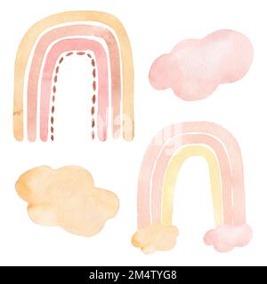 Ensemble de raindow en aquarelle pour enfants abstraits, clipart avec des arcs-en-ciel boho peints à la main. Illustration d'art de pépinière dans un style scandinave branché.Art contemporain, Banque D'Images