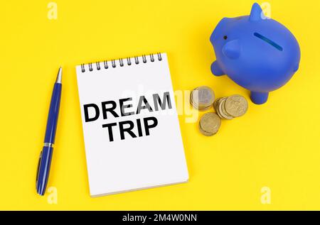 Concept commercial et financier. Sur une surface jaune, une banque de pigeons, des pièces de monnaie et un bloc-notes avec l'inscription - Voyage de rêve Banque D'Images