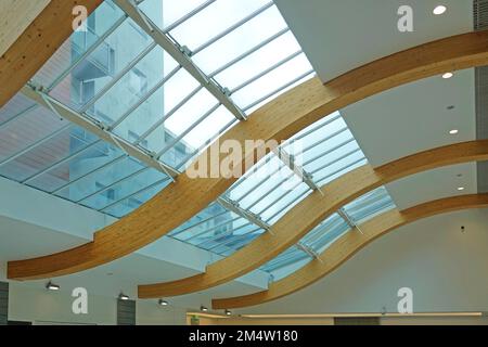 Construction de poutres de toit en bois lamellé de verre courbé soutenant le toit en verre d'un centre-ville moderne centre commercial de détail bâtiment Essex Angleterre Royaume-Uni Banque D'Images