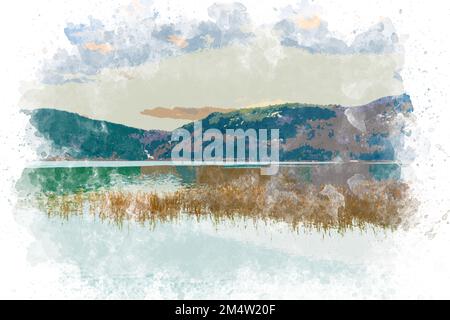 Aquarelle art Abant paysage de lac en Turquie. Peinture aquarelle de la nature, lac, montagne. Bolu Abant Turquie Banque D'Images