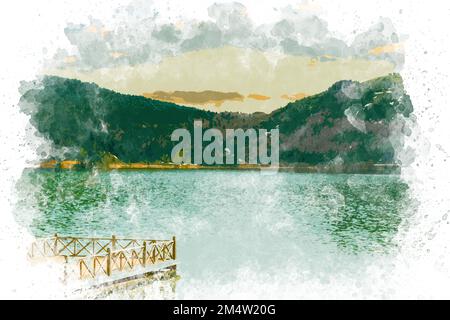 Aquarelle art Abant paysage de lac en Turquie. Peinture aquarelle de la nature, lac, montagne. Bolu Abant Turquie Banque D'Images