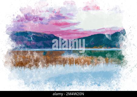 Aquarelle art Abant paysage de lac en Turquie. Peinture aquarelle de la nature, lac, montagne. Bolu Abant Turquie Banque D'Images