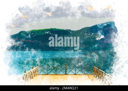 Aquarelle art Abant paysage de lac en Turquie. Peinture aquarelle de la nature, lac, montagne. Bolu Abant Turquie Banque D'Images