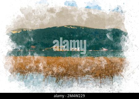Aquarelle art Abant paysage de lac en Turquie. Peinture aquarelle de la nature, lac, montagne. Bolu Abant Turquie Banque D'Images