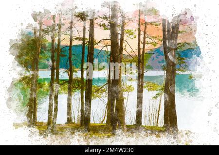 Aquarelle art Abant paysage de lac en Turquie. Peinture aquarelle de la nature, lac, montagne. Bolu Abant Turquie Banque D'Images