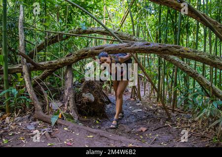 Portrait d'une jeune femme caucasienne lors d'une randonnée dans une forêt sur l'île O'ahu, Hawaï Banque D'Images