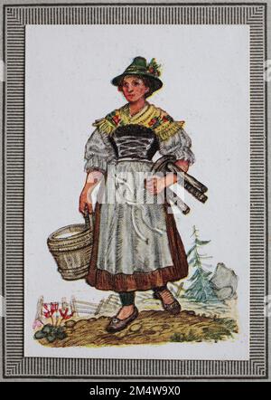 Trachten in Deutschland im 19. Jahrhundert, Bayern, Bäuerin aus Oberbayern, Historisch, digital restaurierte Reproduktion von einem Sammelbild aus dem Jahre ca 1910 / costumes traditionnels en Allemagne au 19th siècle, Bavière, paysanne de haute-Bavière, historique, restauré numériquement reproduction d'une image de collectionneur de ca 1910 Banque D'Images