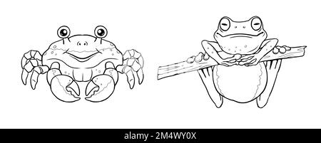 Le joli crabbe et la grenouille de l'arbre à colorer. Modèle pour un livre de coloriage avec des animaux amusants. Modèle de coloriage pour enfants. Banque D'Images