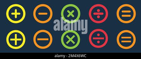 Icônes colorées sur fond bleu foncé. Symbole mathématique de base. Ensemble d'icônes plus et moins. Symbole mathématique. Icône de multiplication. symbole de pourcentage. Calculatrice Illustration de Vecteur
