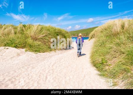 Royaume-Uni, Écosse, marcheur féminin marchant entre les dunes herbeuses de Scousburgh Sands Banque D'Images