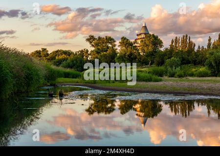 Allemagne, Saxe-Anhalt, Magdebourg, rivière Elbe traversant Elbauenpark au crépuscule Banque D'Images