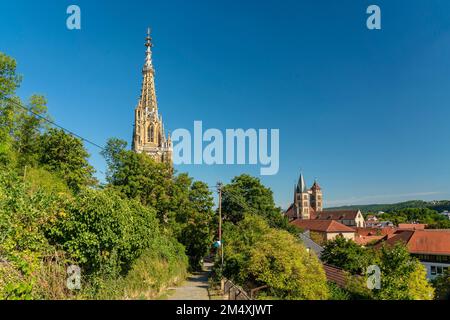 Allemagne, Bade-Wurtemberg, Esslingen, Spire de Frauenkirche église avec arbres verts en premier plan Banque D'Images