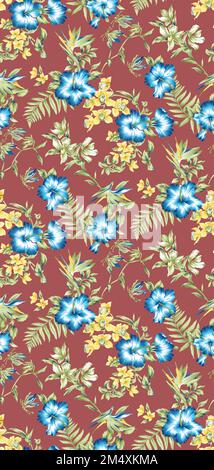 Fleurs bleues avec feuilles vertes sur fond plan motif floral pour usage textile. Motif fleuri sans couture pour Kurti, jupe et robes. Banque D'Images
