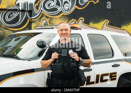 Image horizontale d'un policier blanc de race blanche posant et souriant devant sa voiture de policier avec toile de fond de mur de graffiti. Banque D'Images