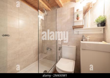 Petite salle de bains avec porte et plateau de douche à parois de verre, plafond en pin et petit lavabo carré sous un miroir avec étagères blanches Banque D'Images