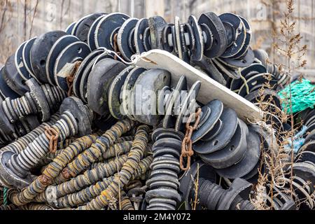 Image détaillée d'une pile de filets de pêche commerciaux à Montauk, NY Banque D'Images