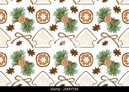 Motif de Noël sans coutures. Motif avec éléments de Noël sur fond blanc. Design pour l'emballage, le textile et la toile. Banque D'Images