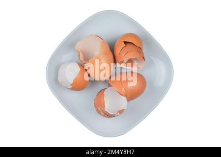 Coquille d'œuf. Coquille d'oeufs dans une assiette isolée sur fond blanc. Déchets organiques pour le compost. Banque D'Images