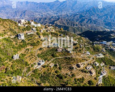 Bâtiments au sommet de la montagne Fayfa, province de Jazan, Arabie Saoudite Banque D'Images