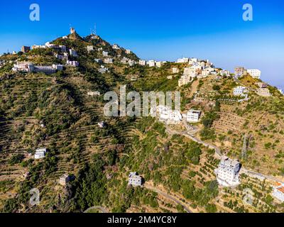 Bâtiments au sommet de la montagne Fayfa, province de Jazan, Arabie Saoudite Banque D'Images