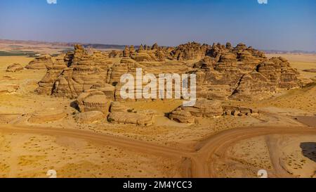 Antenne des tombes rocheuses, site de l'UNESCO Maidain Saleh ou Hegra, Al Ula, Royaume d'Arabie Saoudite Banque D'Images