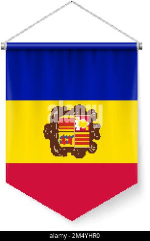 Drapeau de Pennant vertical d'Andorre comme icône sur le blanc avec des effets d'ombre. Signe patriotique en couleur officielle et fleur, drapeau andorran avec pôles métalliques Illustration de Vecteur