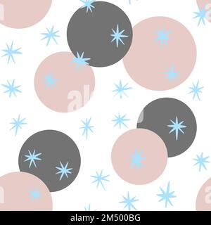 Motif sans couture dessiné à la main avec cercles ronds gris beige flocons de neige bleus sur fond blanc. Style rétro vintage du milieu du siècle moderne, imprimé géométrique abstrait en tissu, art hivernal créatif Banque D'Images