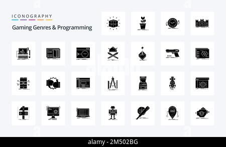 25 genres de jeu et programmation Pack d'icônes de glyphe solide Illustration de Vecteur