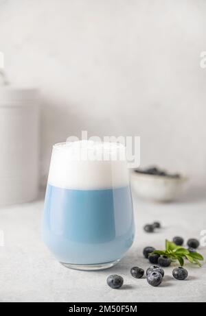 Latte matcha bleu dans un verre sur fond de béton gris avec des bleuets frais. Le concept de boisson végétalienne, de superalimentation et de nourriture saine. Vue avant Banque D'Images