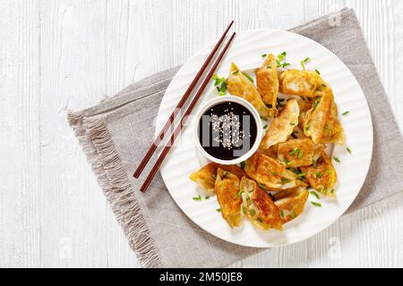 gyoza frit, wonton wrappers farcis de porc et de chou arrosé d'oignons verts sur plaque blanche avec sauce soja sur table en bois blanc, horizontal Banque D'Images